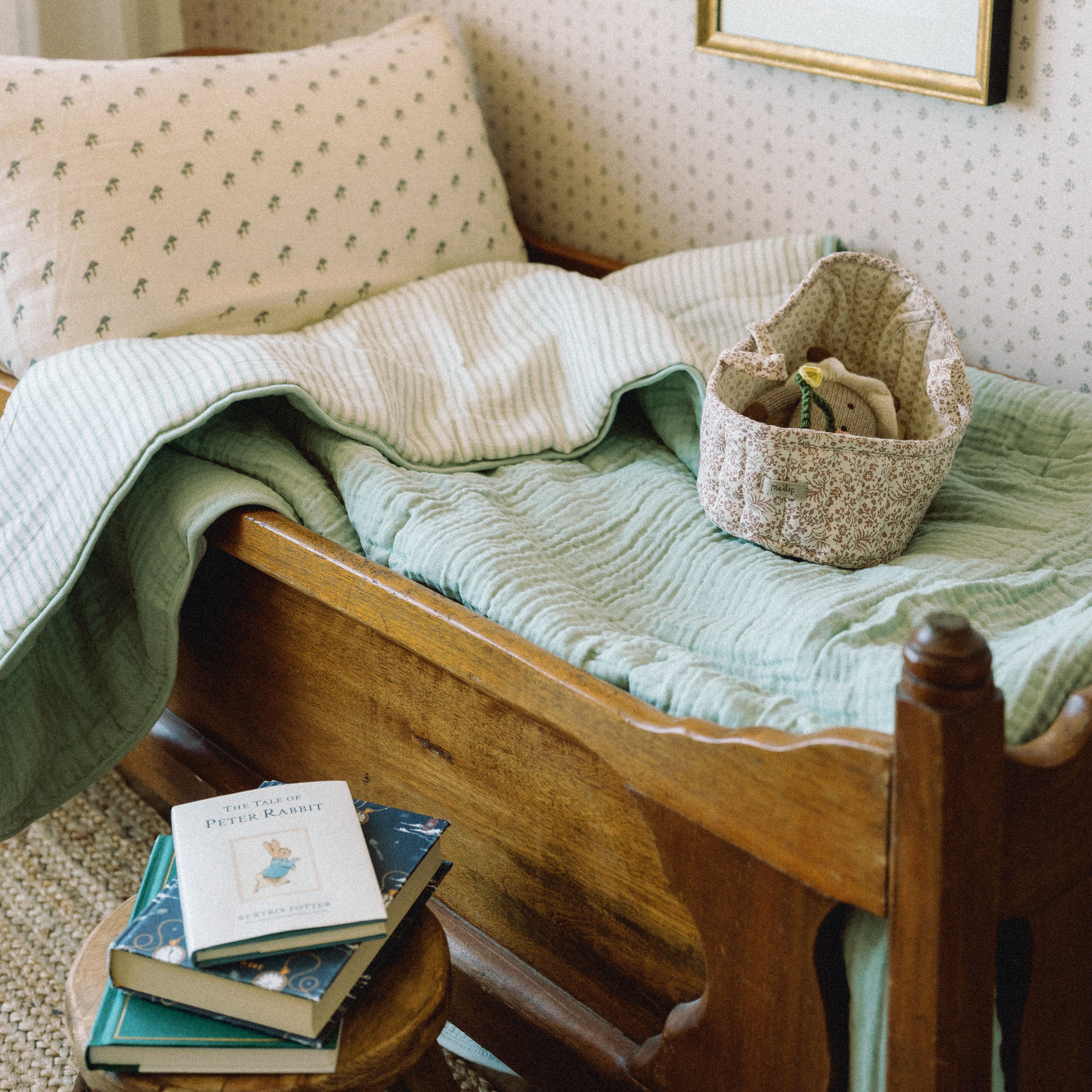 oilo sage green stripe nursery bedding collection