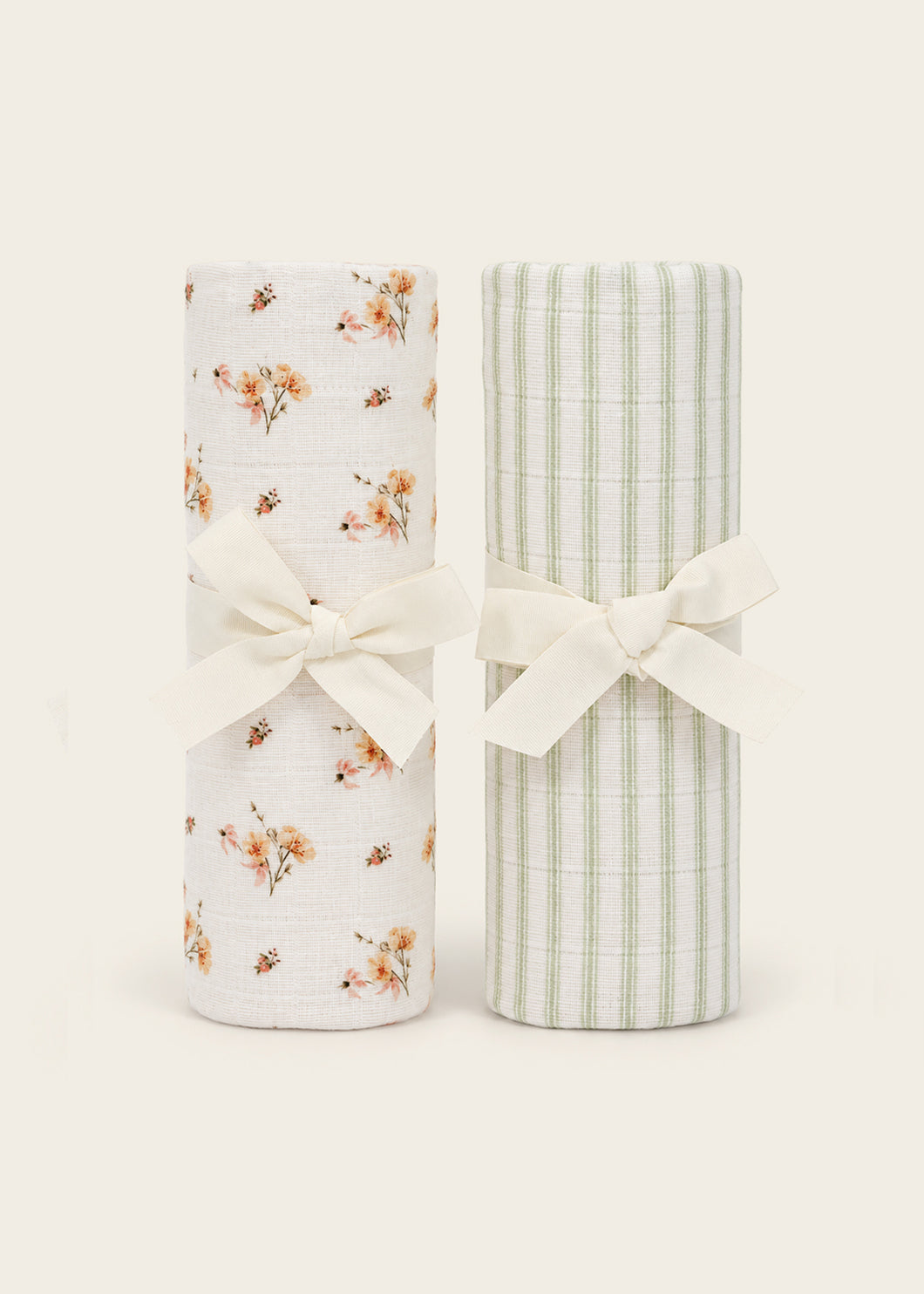 Dainty Floral & Sea Moss Sage Green Stripe - Muslin Swaddle Blanket Set