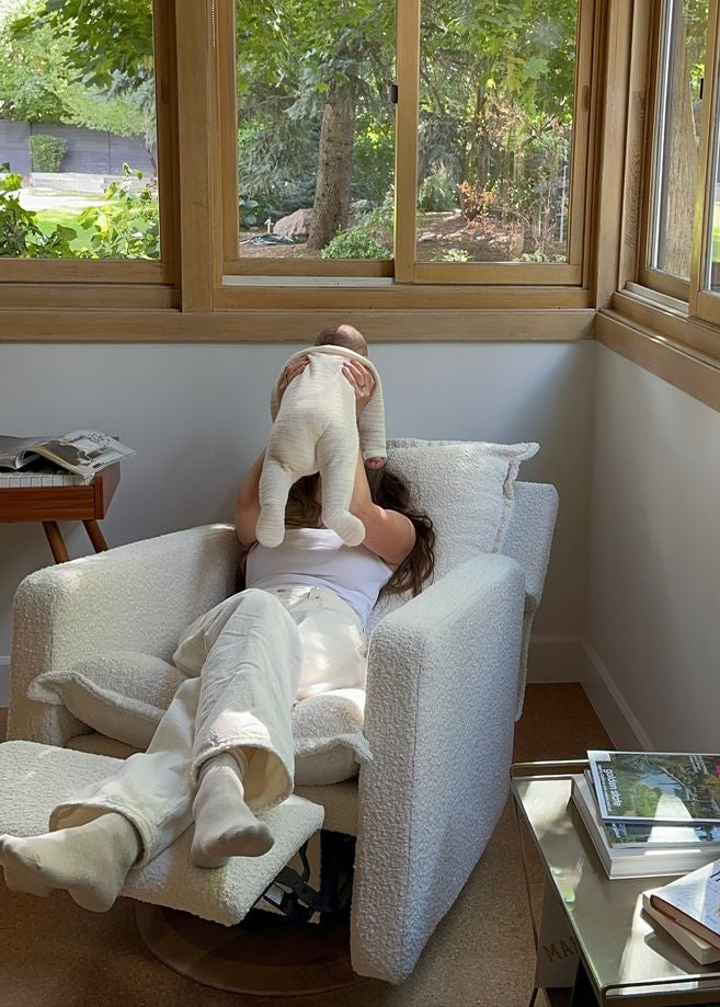 Flynn – Gliding Swivel Nursery Recliner - High Performance Bouclé Oyster