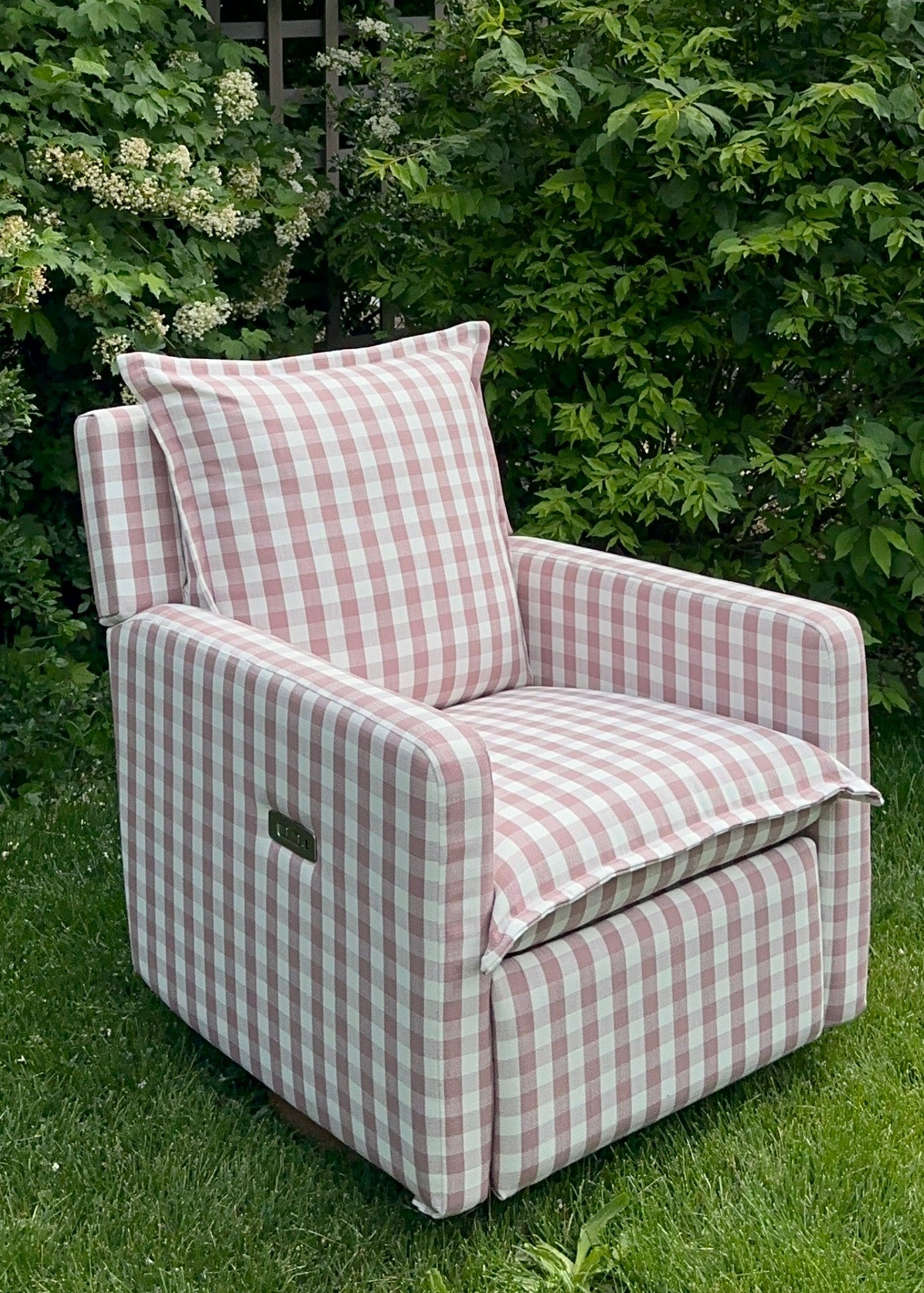 *AS IS – Flynn – Gliding Swivel Nursery Recliner - Strawberry Jam Gingham - Motorized Recline - Wooden Base