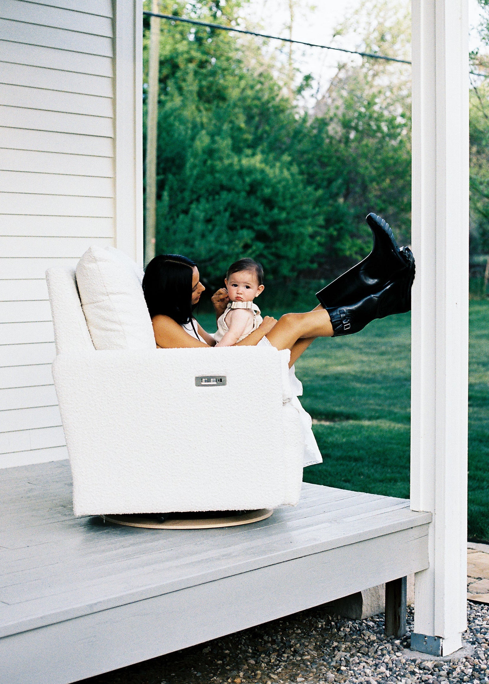 Ollie: a Chair and a Half - Swivel Nursery Glider with Back Recline Feature - High Performance Bouclé Oyster