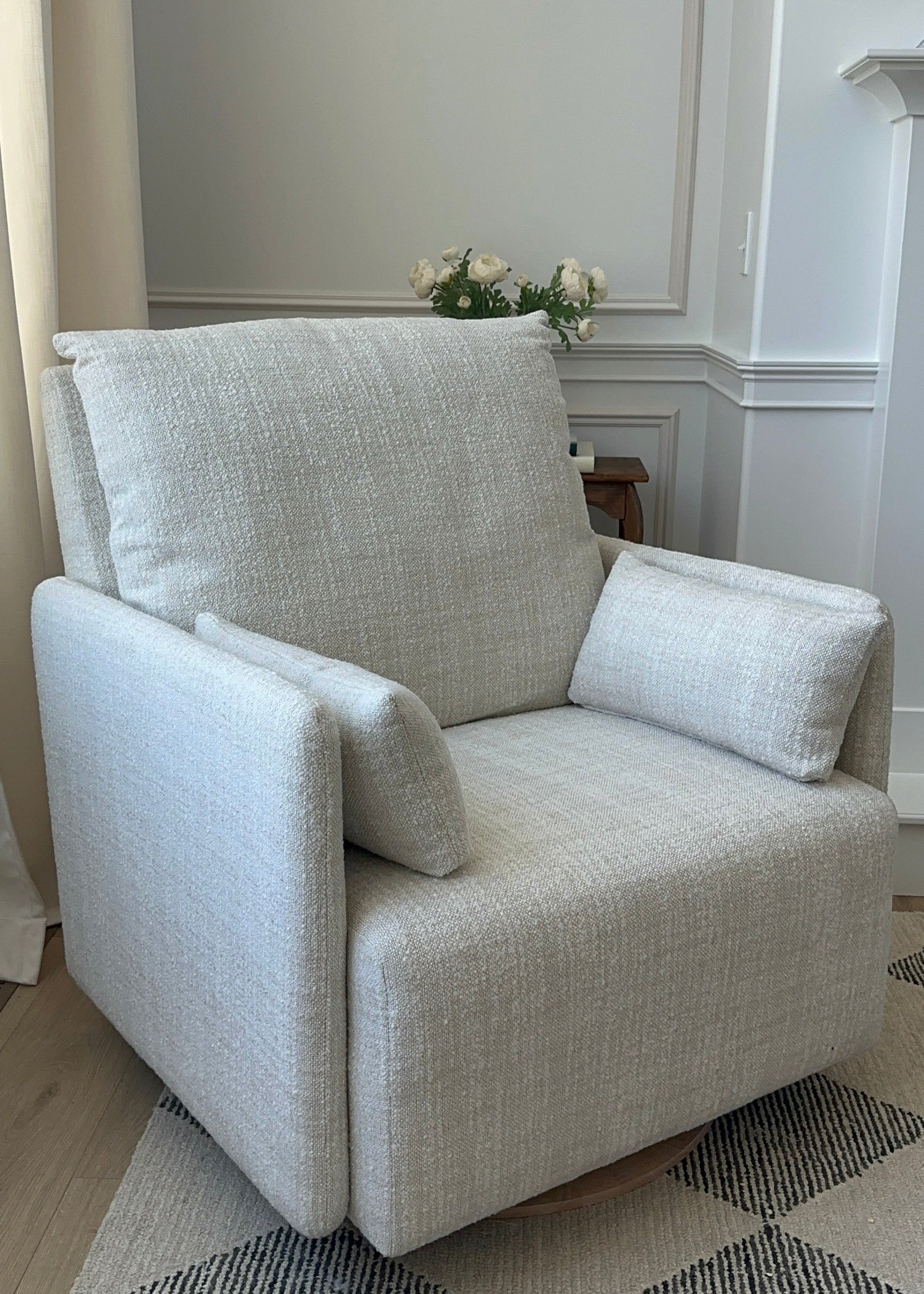*AS IS – Ollie: a Chair and a Half - Swivel Nursery Glider with Back Recline Feature - Crema - Motorized Recline - Wooden Base - w/Matching Ottoman