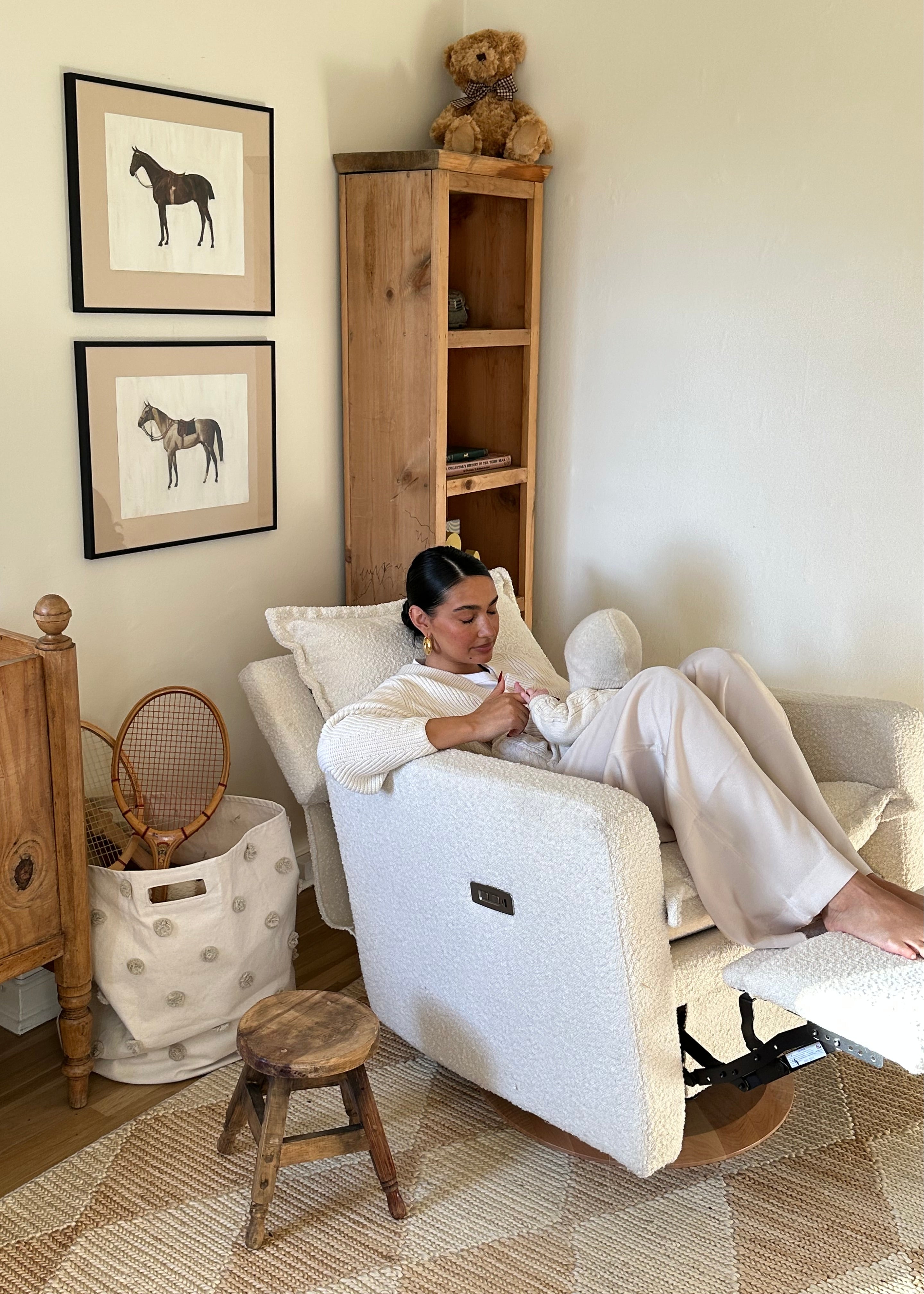 Flynn – Gliding Swivel Nursery Recliner - High Performance Bouclé Oyster