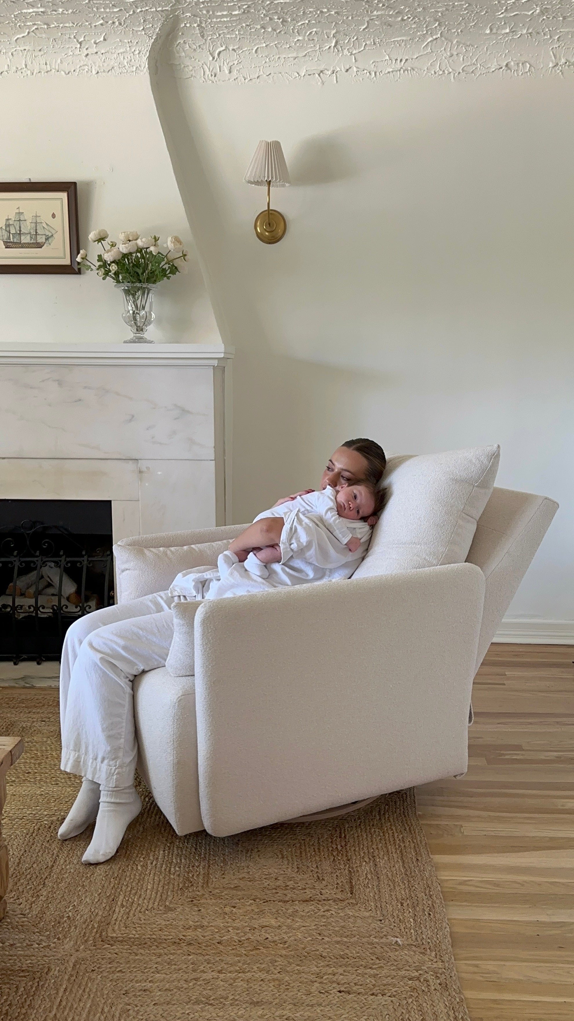 Ollie: a Chair and a Half - Swivel Nursery Glider with Back Recline Feature - High Performance Bouclé Oyster