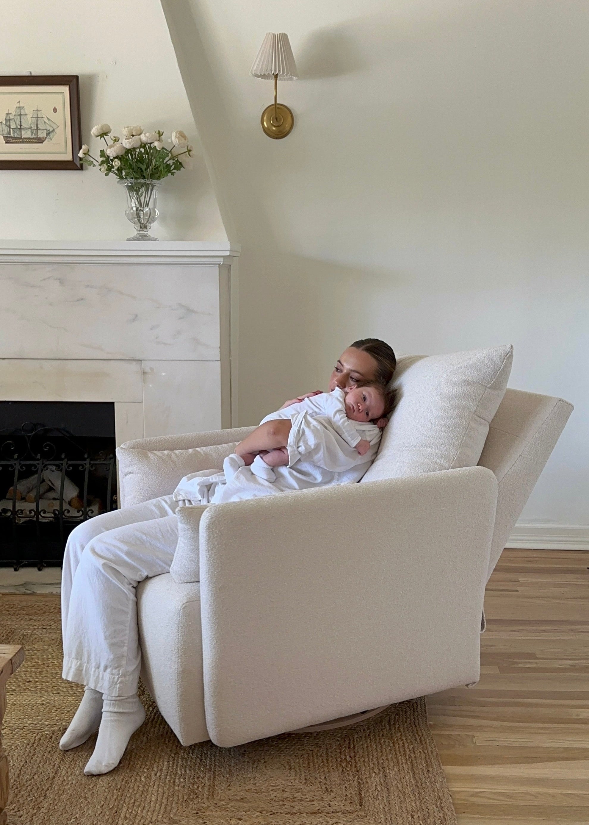 Ollie: a Chair and a Half - Swivel Nursery Glider with Back Recline Feature - High Performance Bouclé Oyster