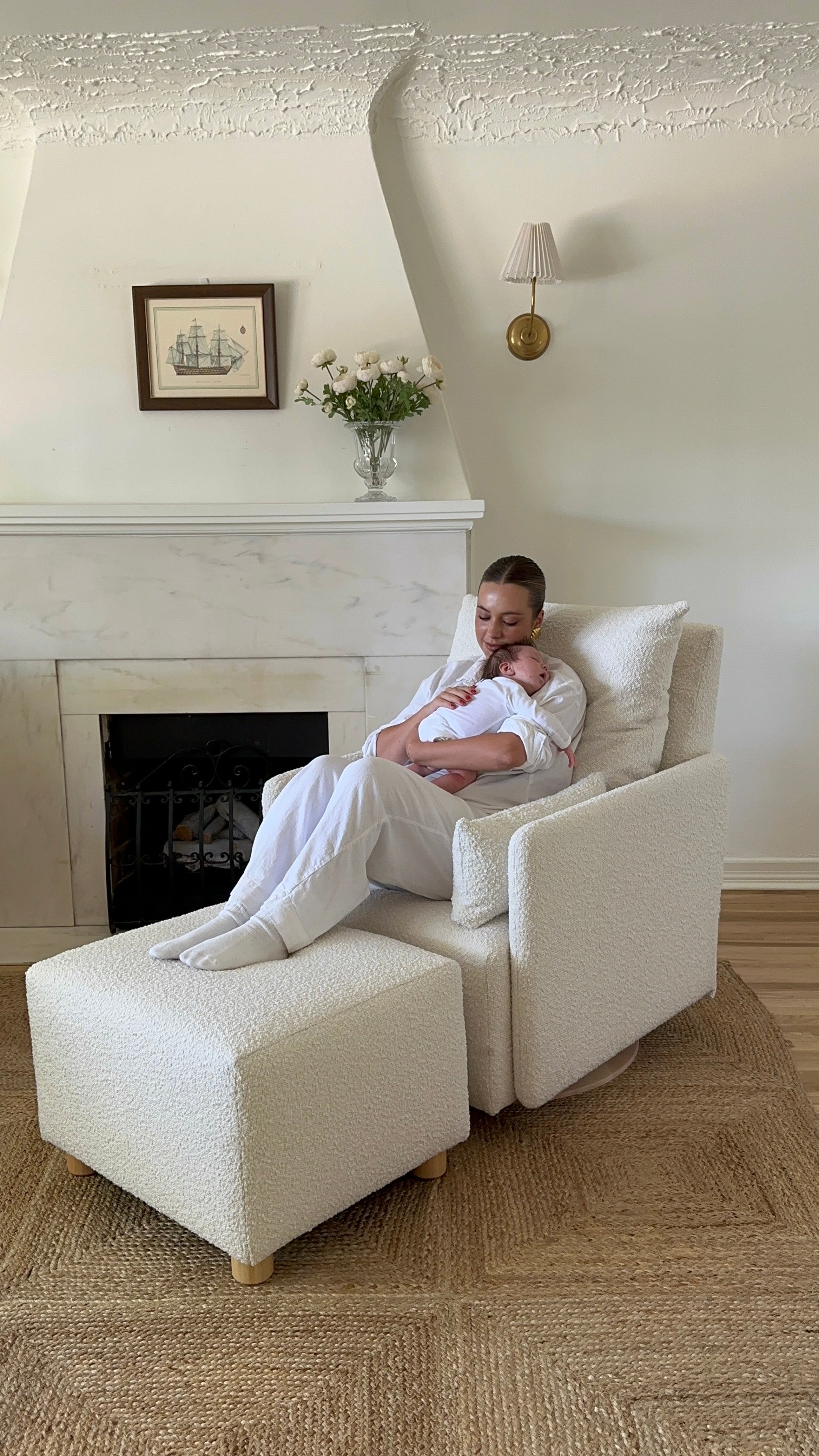 Ollie: a Chair and a Half - Swivel Nursery Glider with Back Recline Feature - High Performance Bouclé Oyster