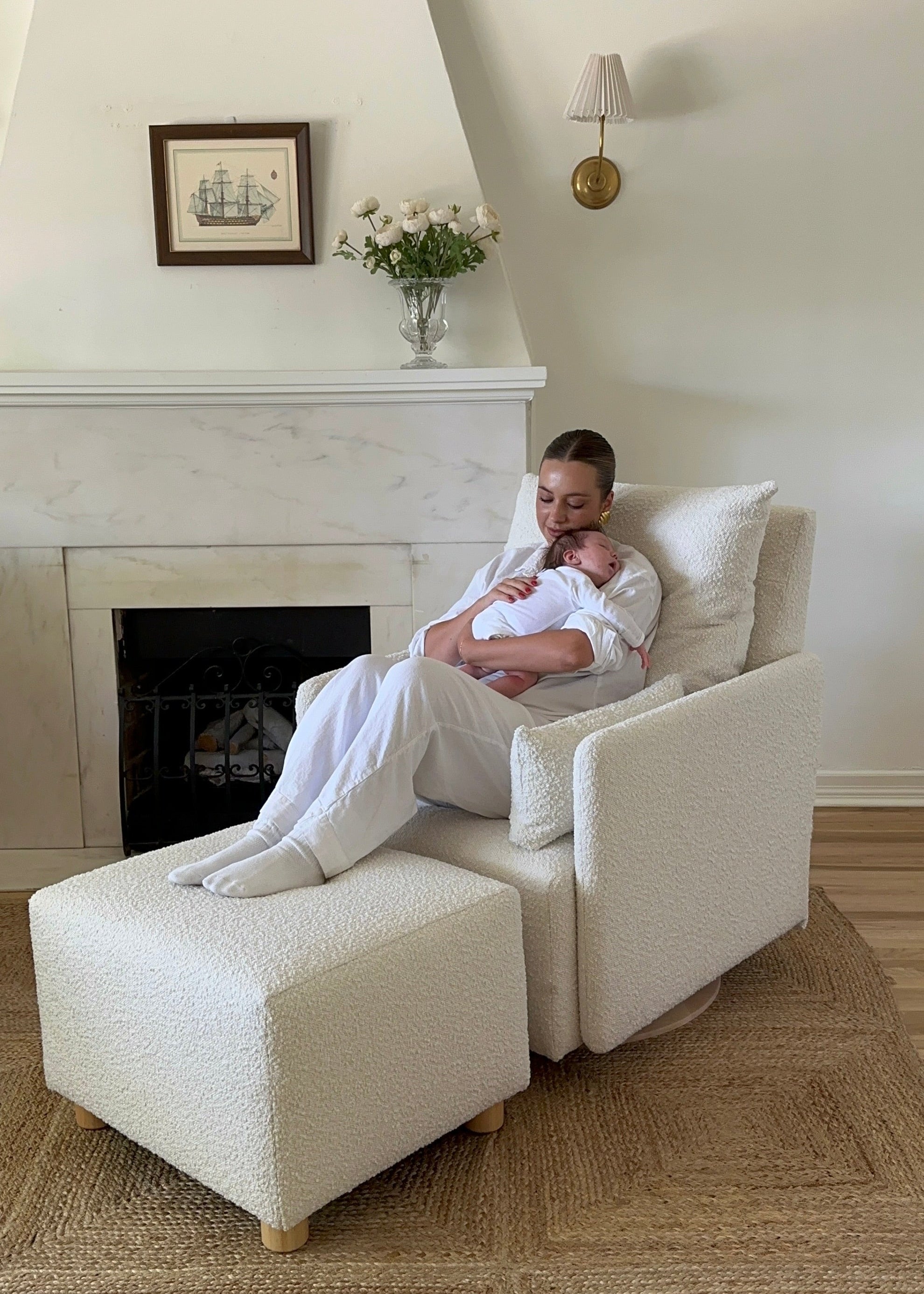 Ollie: a Chair and a Half - Swivel Nursery Glider with Back Recline Feature - High Performance Bouclé Oyster