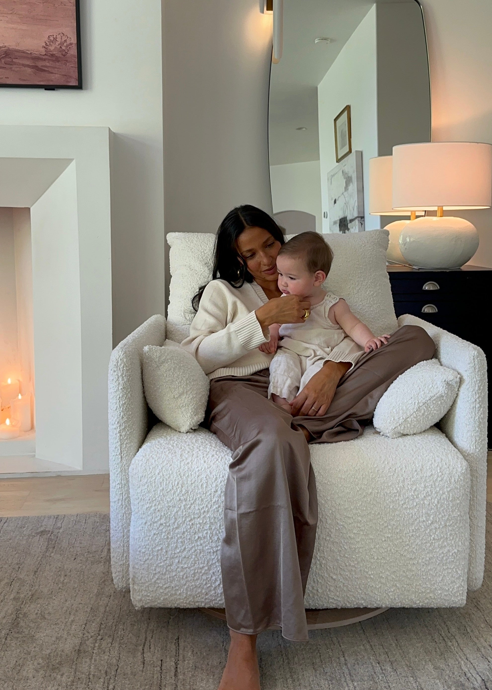 Ollie: a Chair and a Half - Swivel Nursery Glider with Back Recline Feature - High Performance Bouclé Oyster