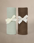 'Bark' Brown & 'Sea Moss' Sage Green - Premium Muslin Swaddle Blanket Set
