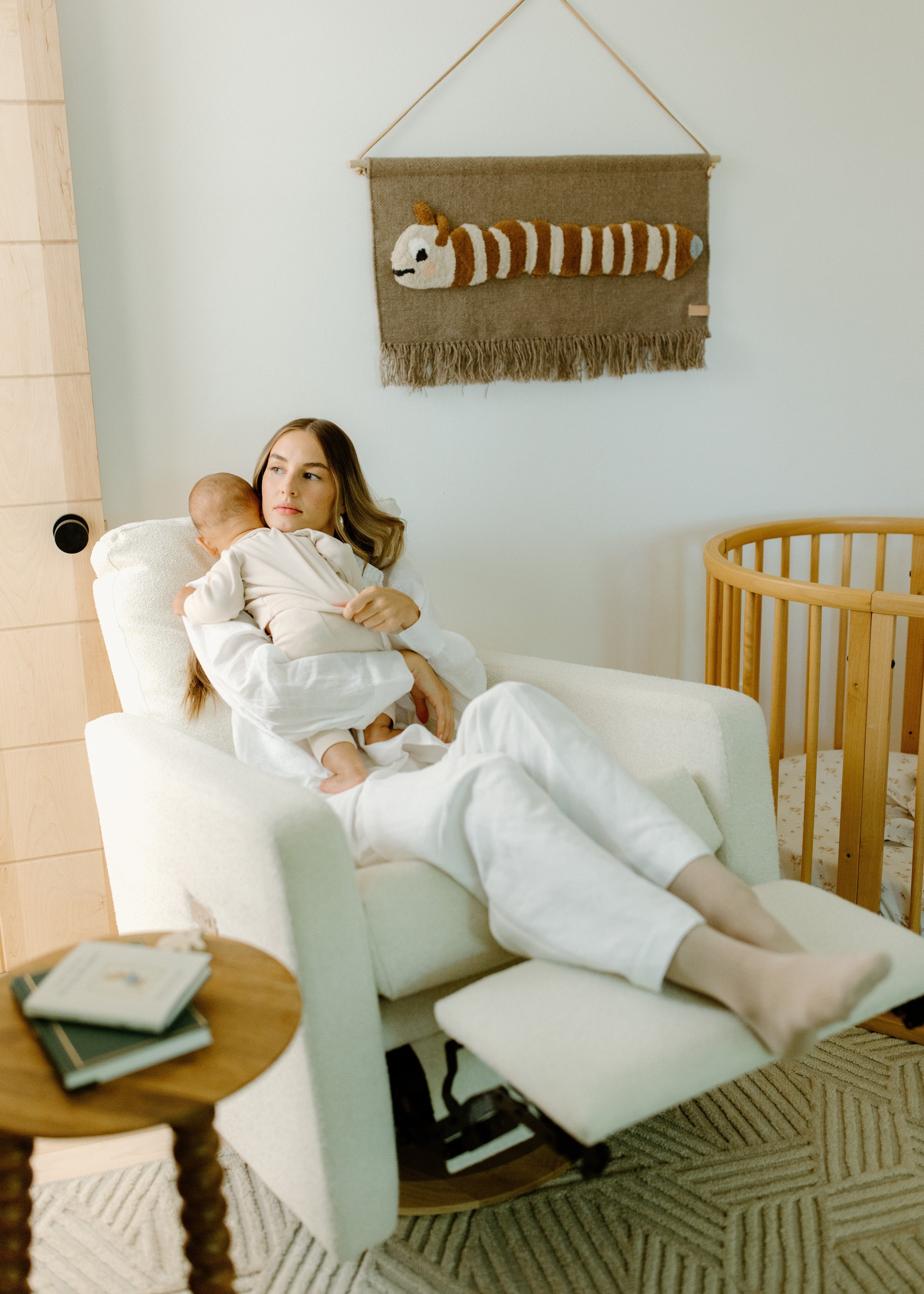 *AS IS – Drew – Gliding Swivel Nursery Recliner - High Performance Bouclé Oyster - Motorized Recline - Wooden Base