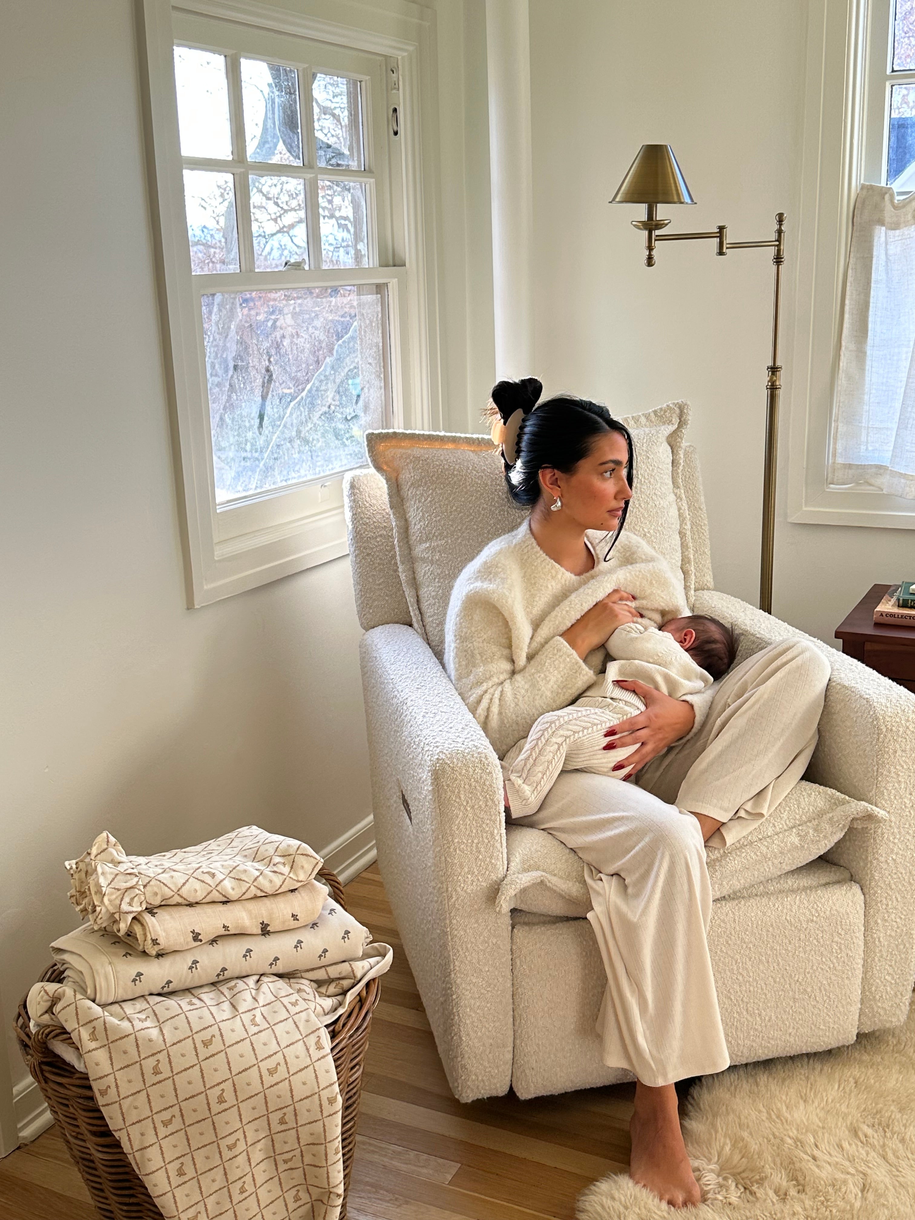 Flynn – Gliding Swivel Nursery Recliner - High Performance Bouclé Oyster