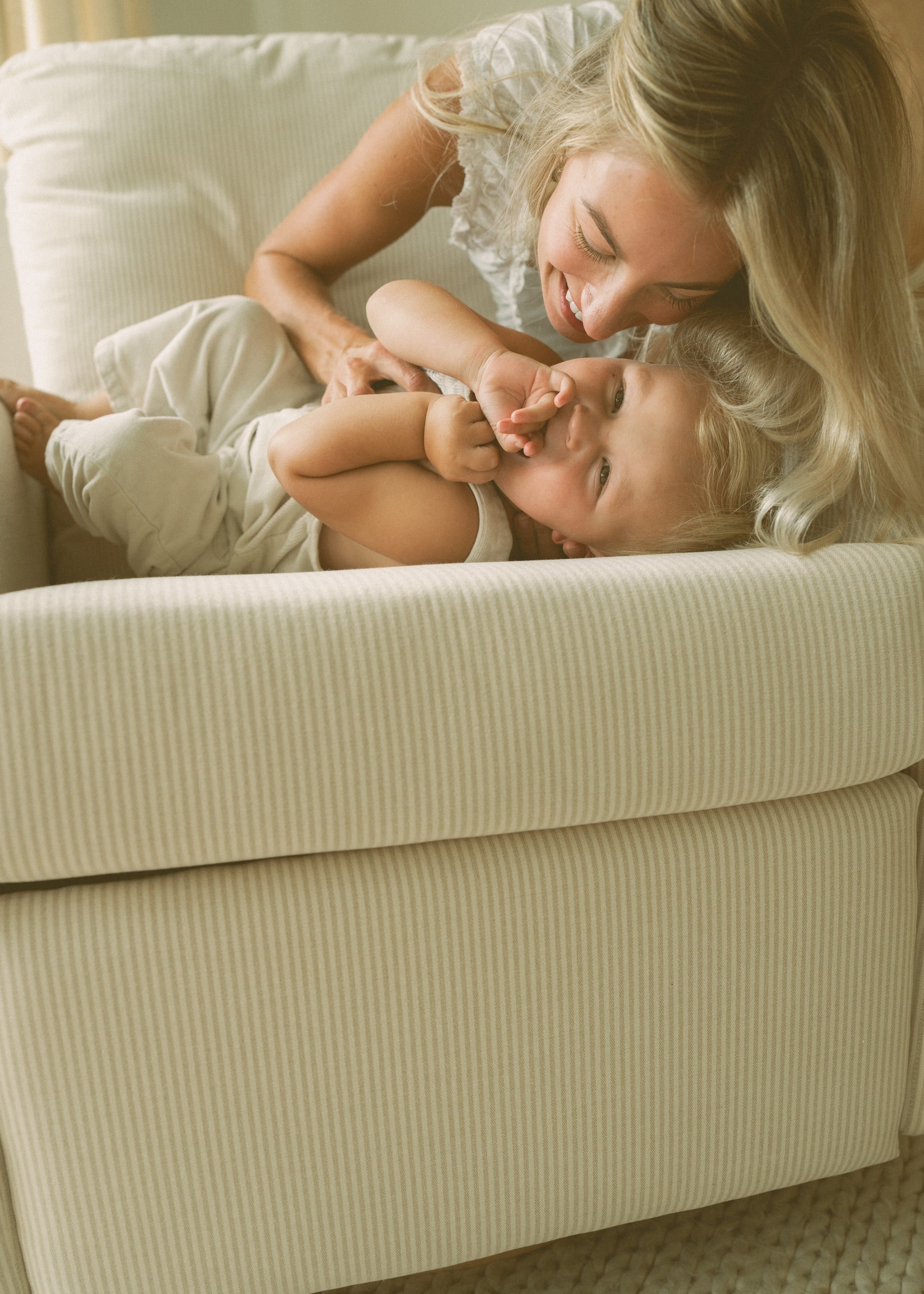*AS IS – Harlow – Gliding Swivel Nursery Recliner - Pebble Stripe - Motorized Recline - Wooden Base