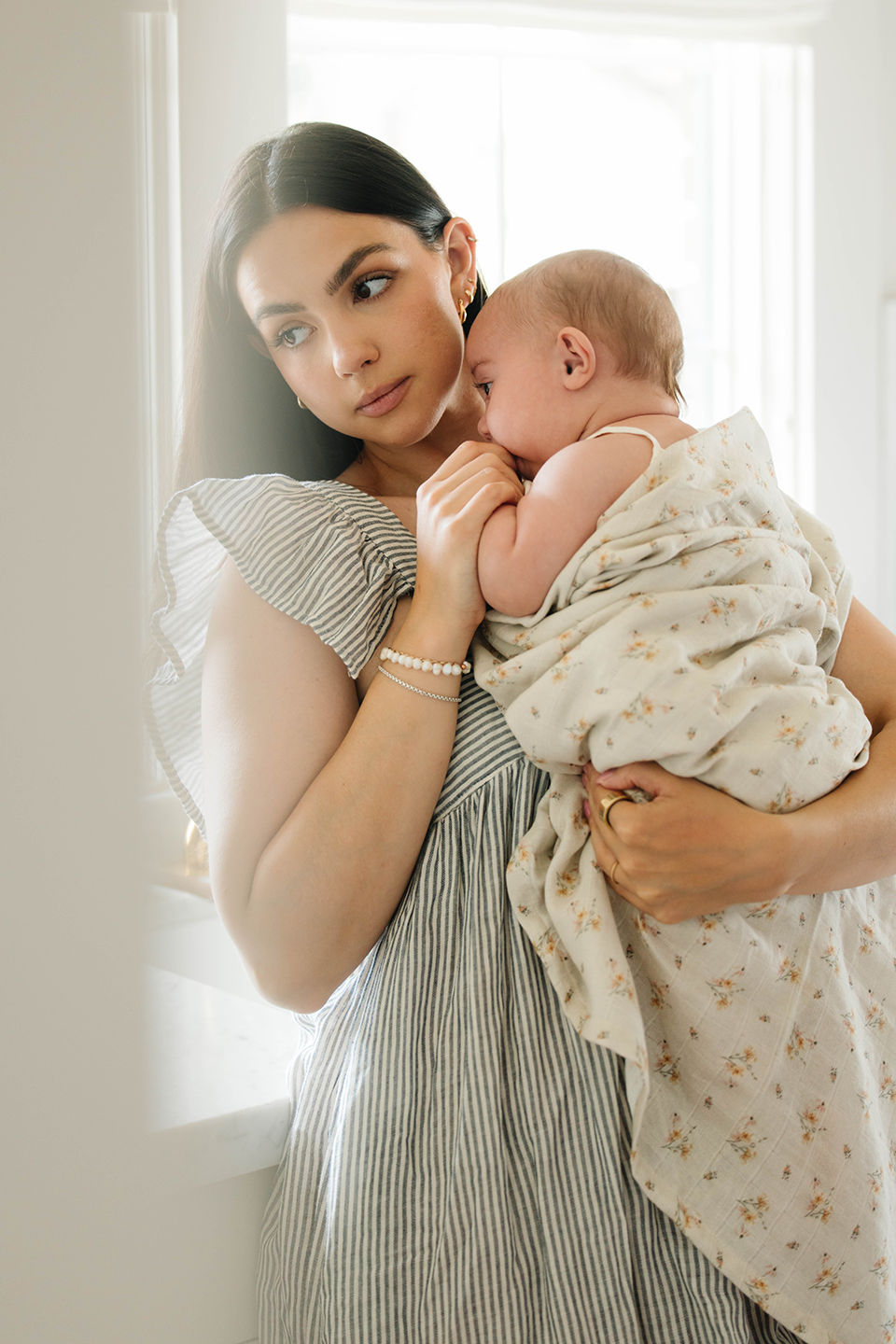 'Dainty Floral' & 'Sea Moss' Sage Green Stripe - Muslin Swaddle Blanket Set