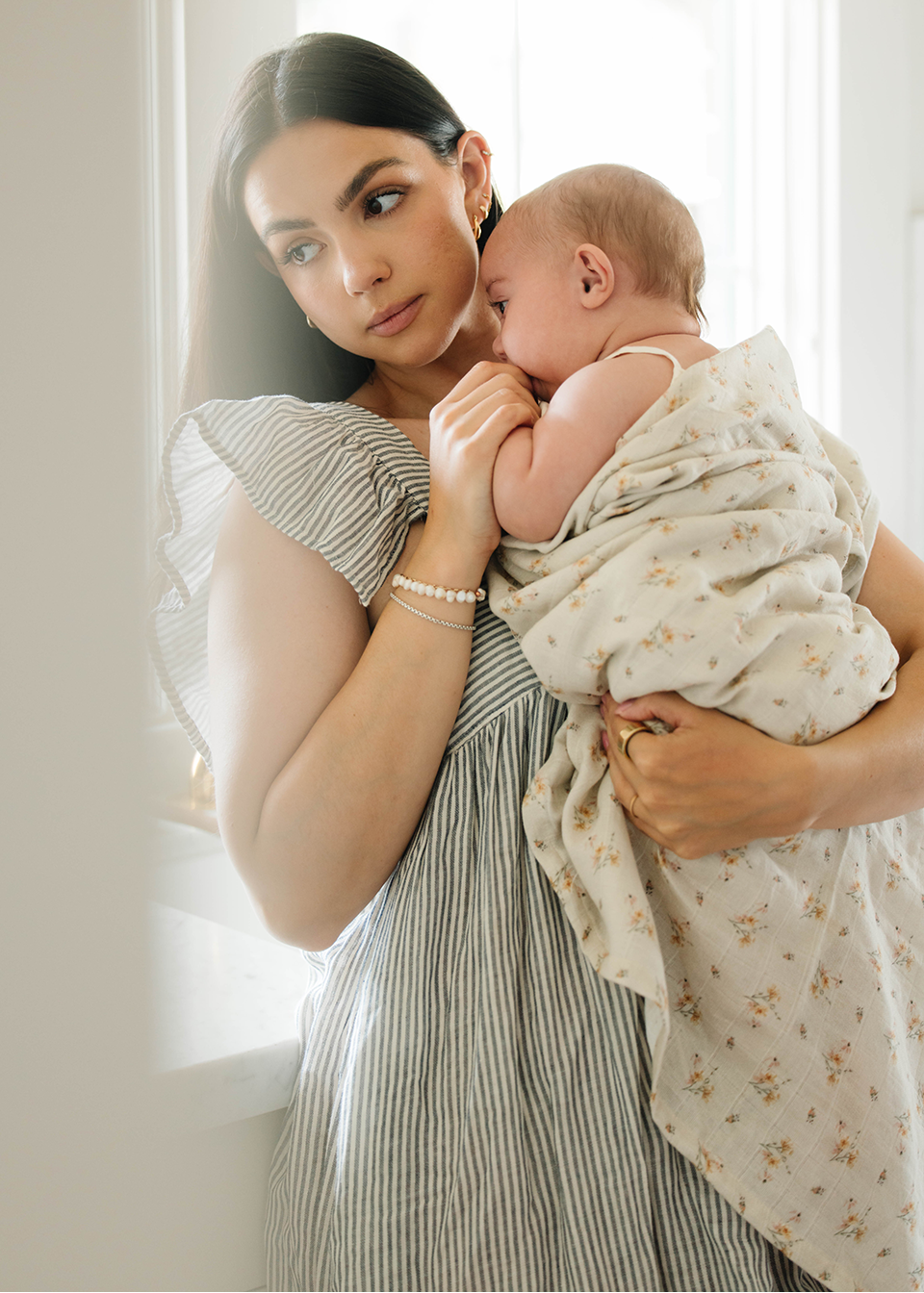 Dainty Floral & Sea Moss Sage Green Stripe - Muslin Swaddle Blanket Set