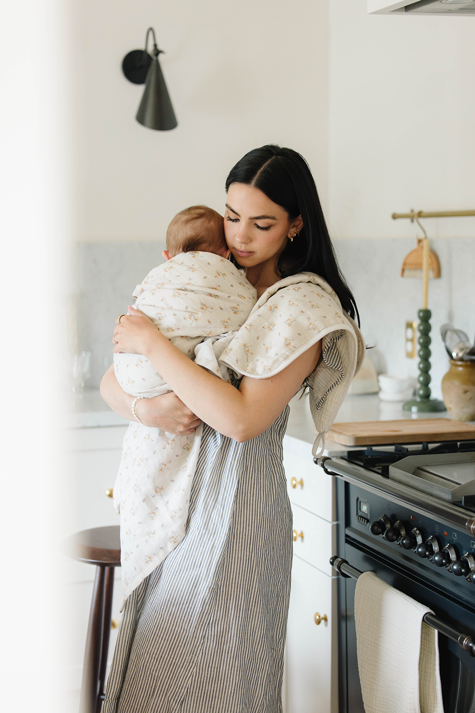 'Dainty Floral' & 'Sea Moss' Sage Green Stripe - Muslin Swaddle Blanket Set