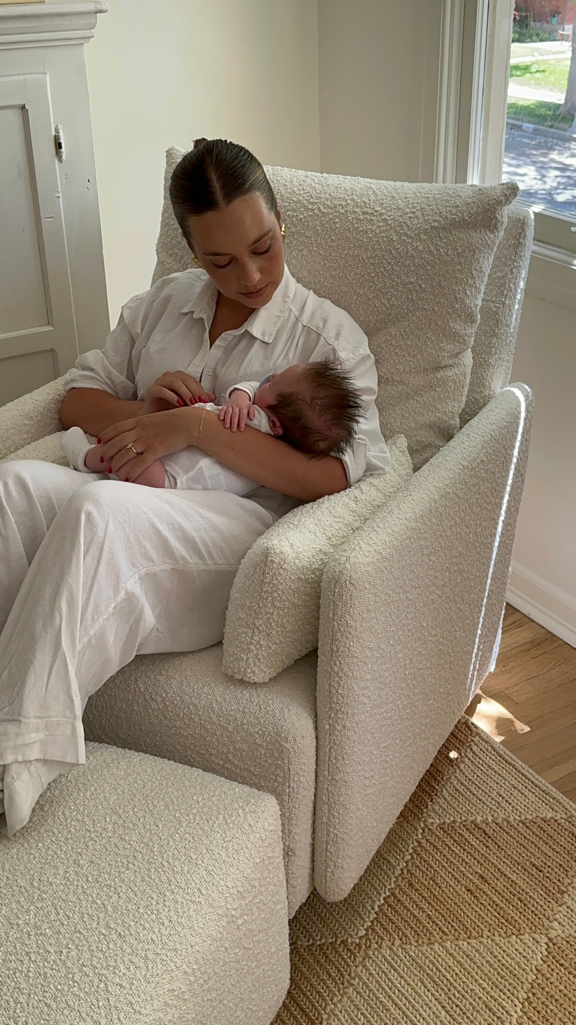 Ollie: Standard Size - Swivel Nursery Glider with Back Recline Feature - High Performance Bouclé Oyster