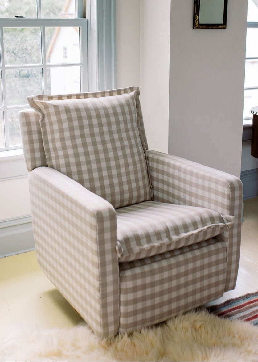 *AS IS – Flynn – Gliding Swivel Nursery Recliner - Toasted Gingham - Motorized Recline - Wooden Base
