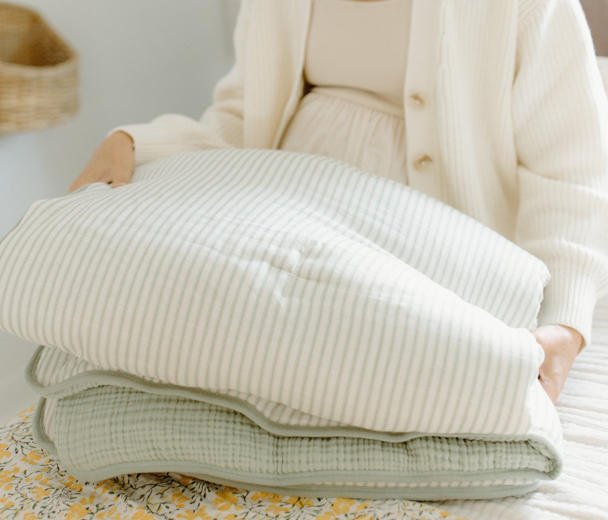 oilo sage green stripe nursery bedding collection