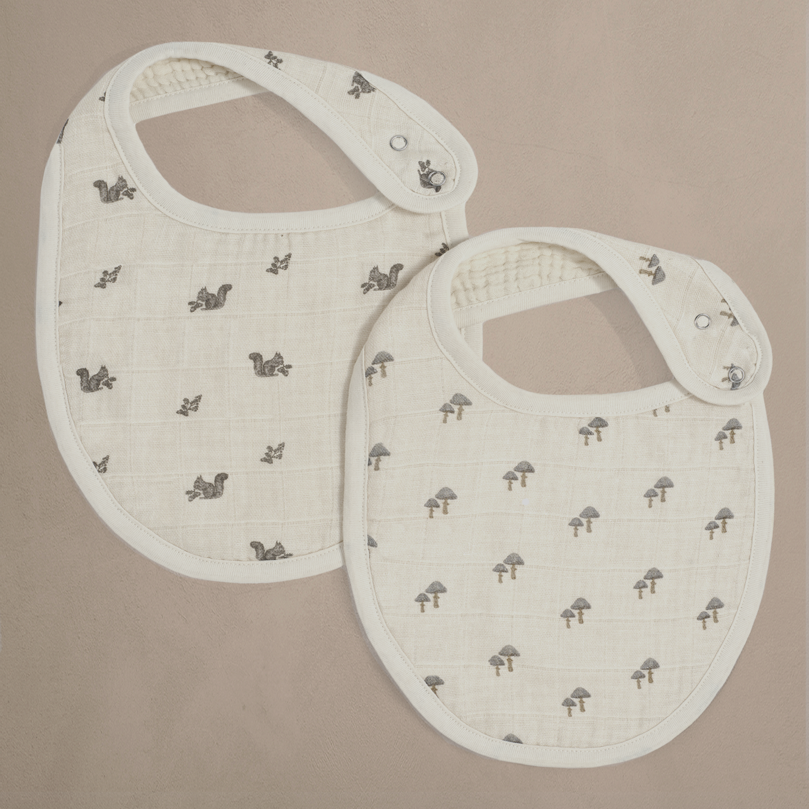 'Squirrel' & 'Mushroom' - Premium Muslin Bib 2-Pack