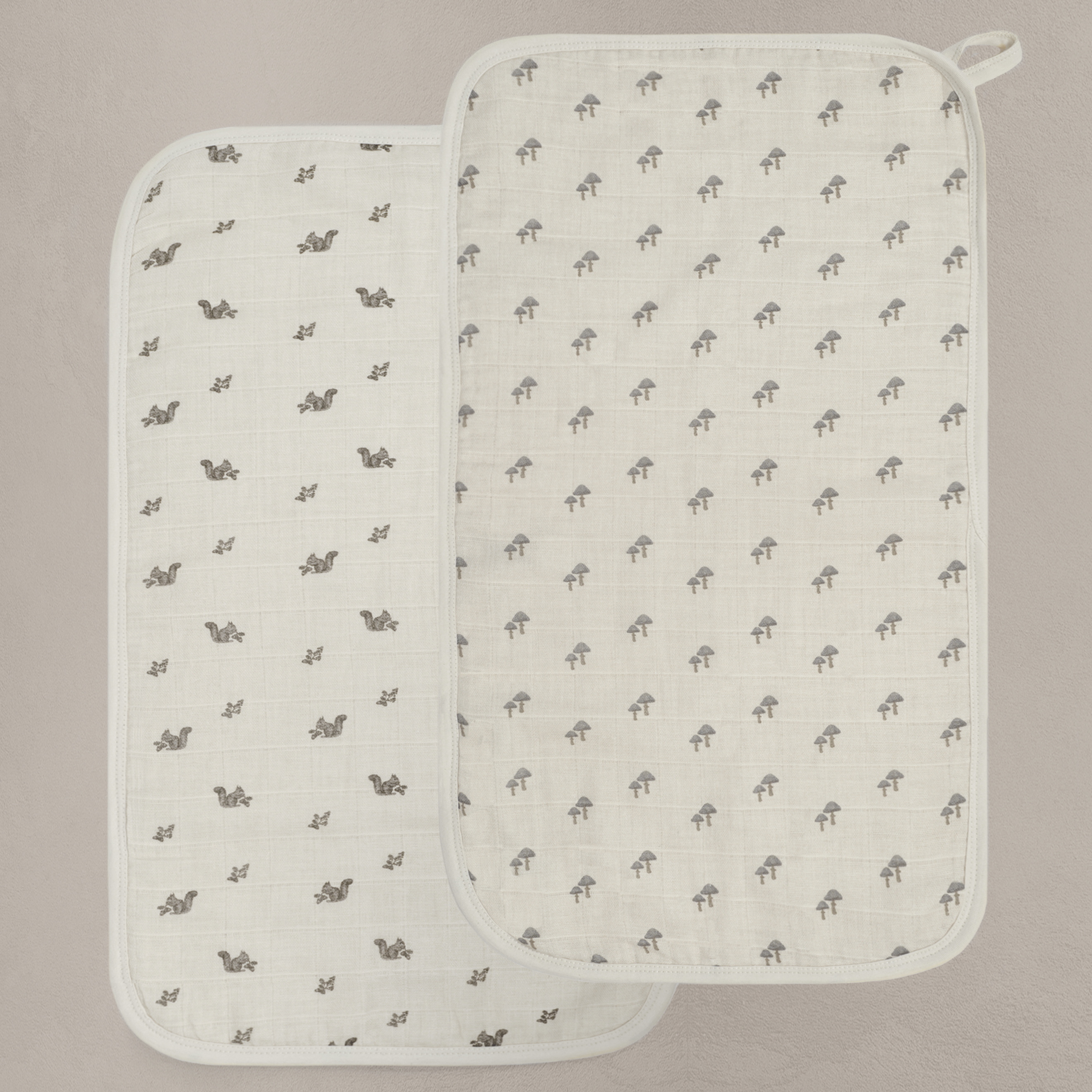 'Squirrel' & 'Mushroom' - Premium Muslin Burp Cloth 2-Pack