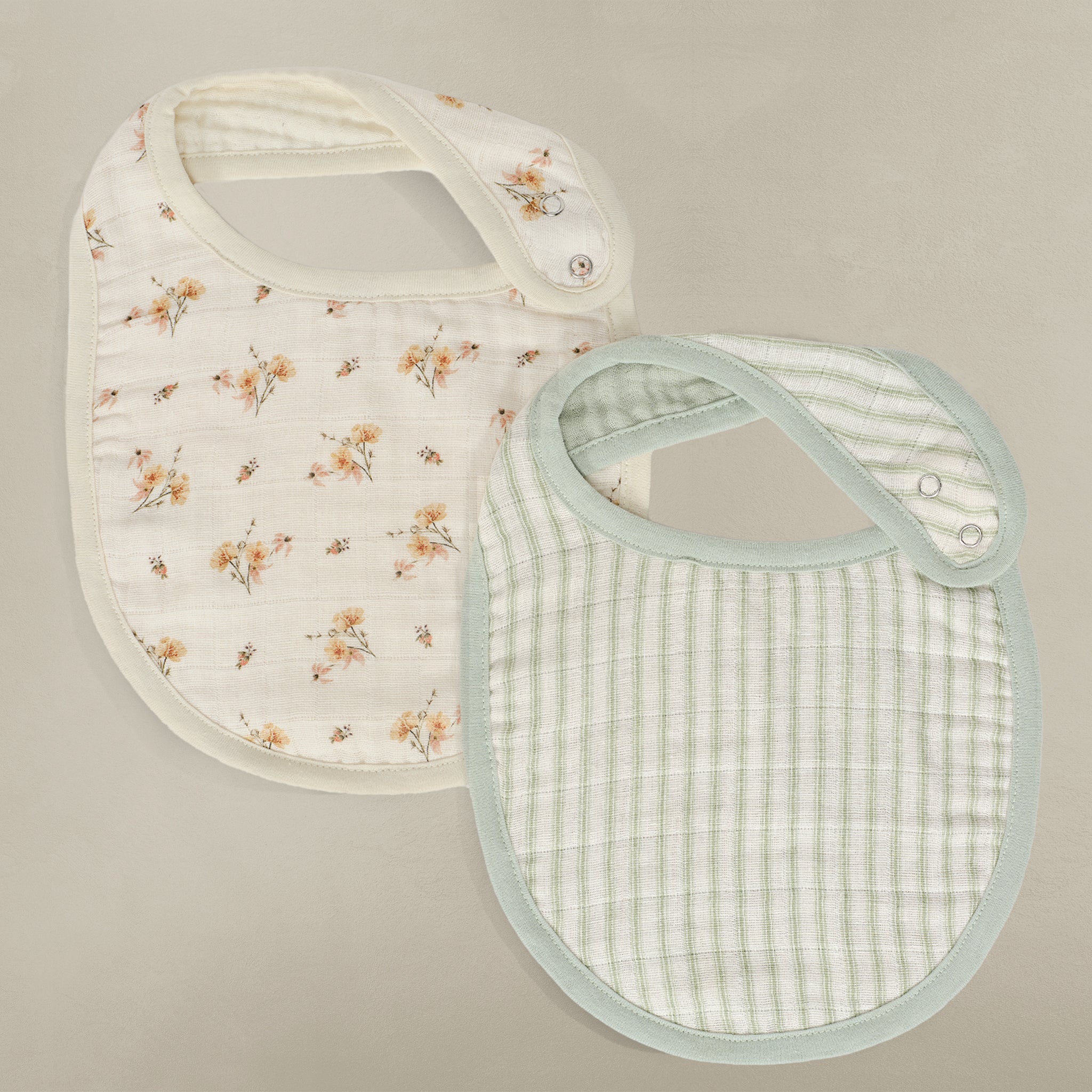 'Dainty Floral' & 'Sea Moss' Sage Green Stripe - Muslin Bib 2-Pack