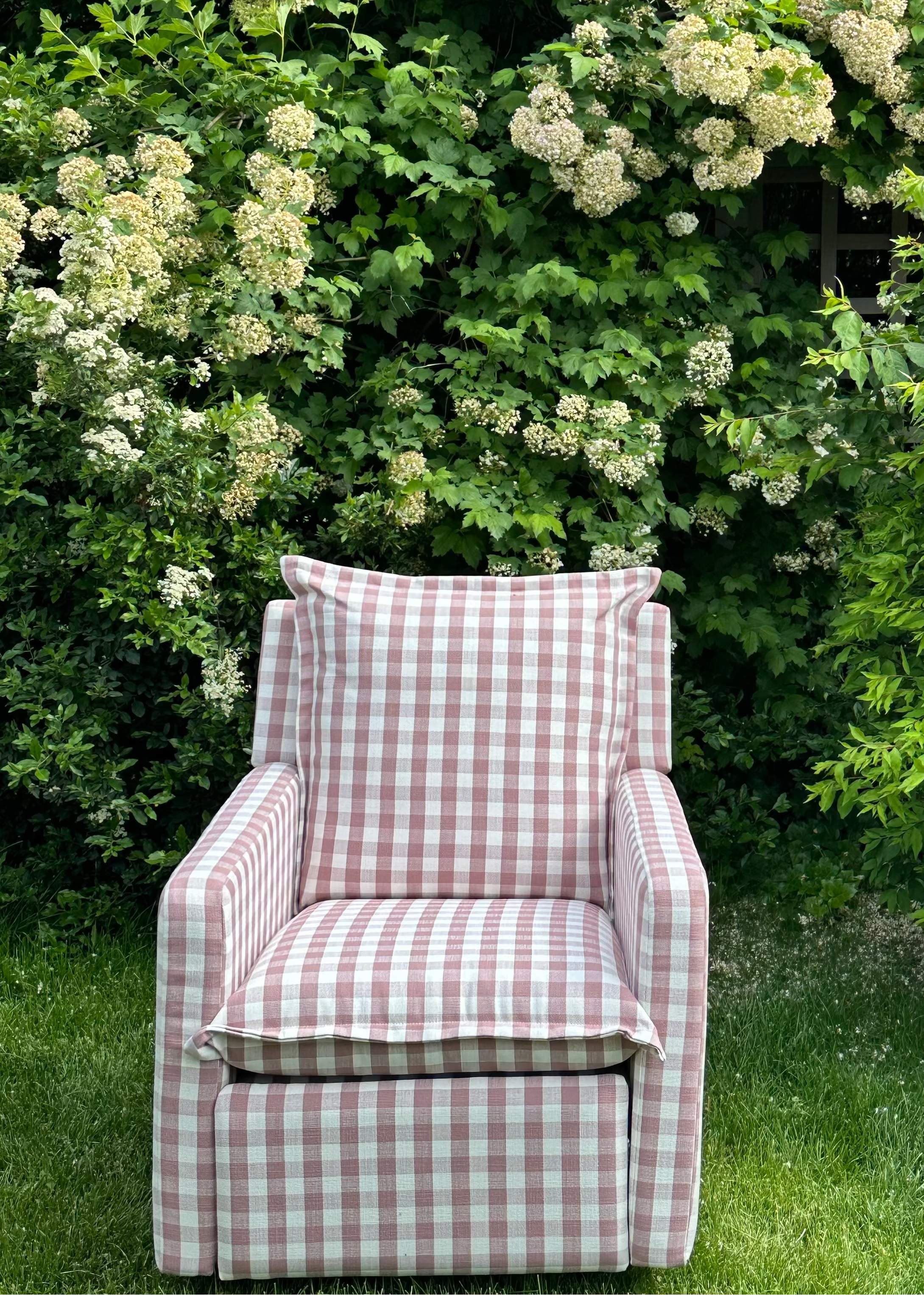 *AS IS – Flynn – Gliding Swivel Nursery Recliner - Strawberry Jam Gingham - Motorized Recline - Wooden Base