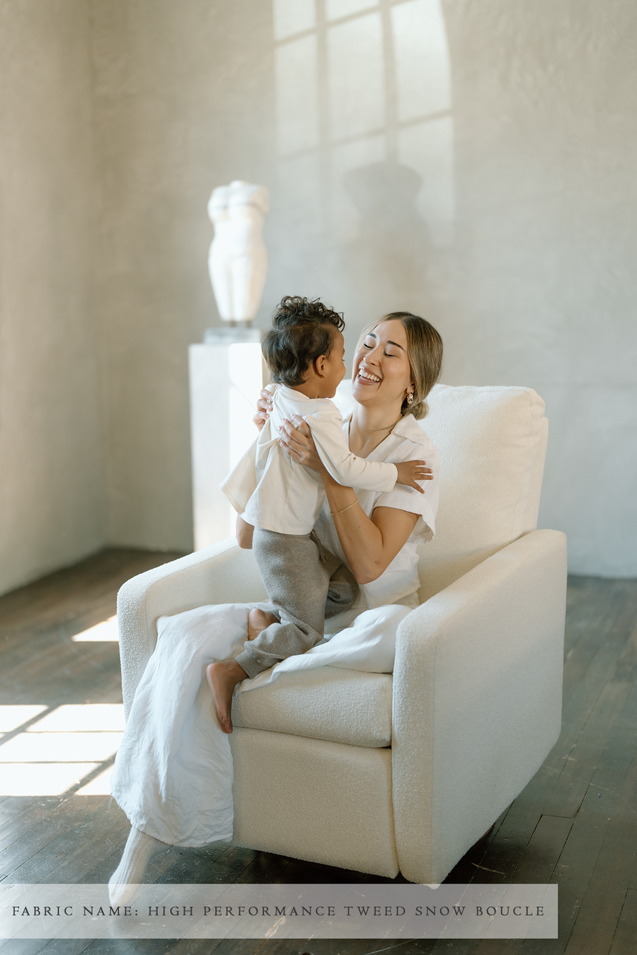 DREW – Gliding Swivel Nursery Recliner - High Performance Tweed Snow Bouclé
