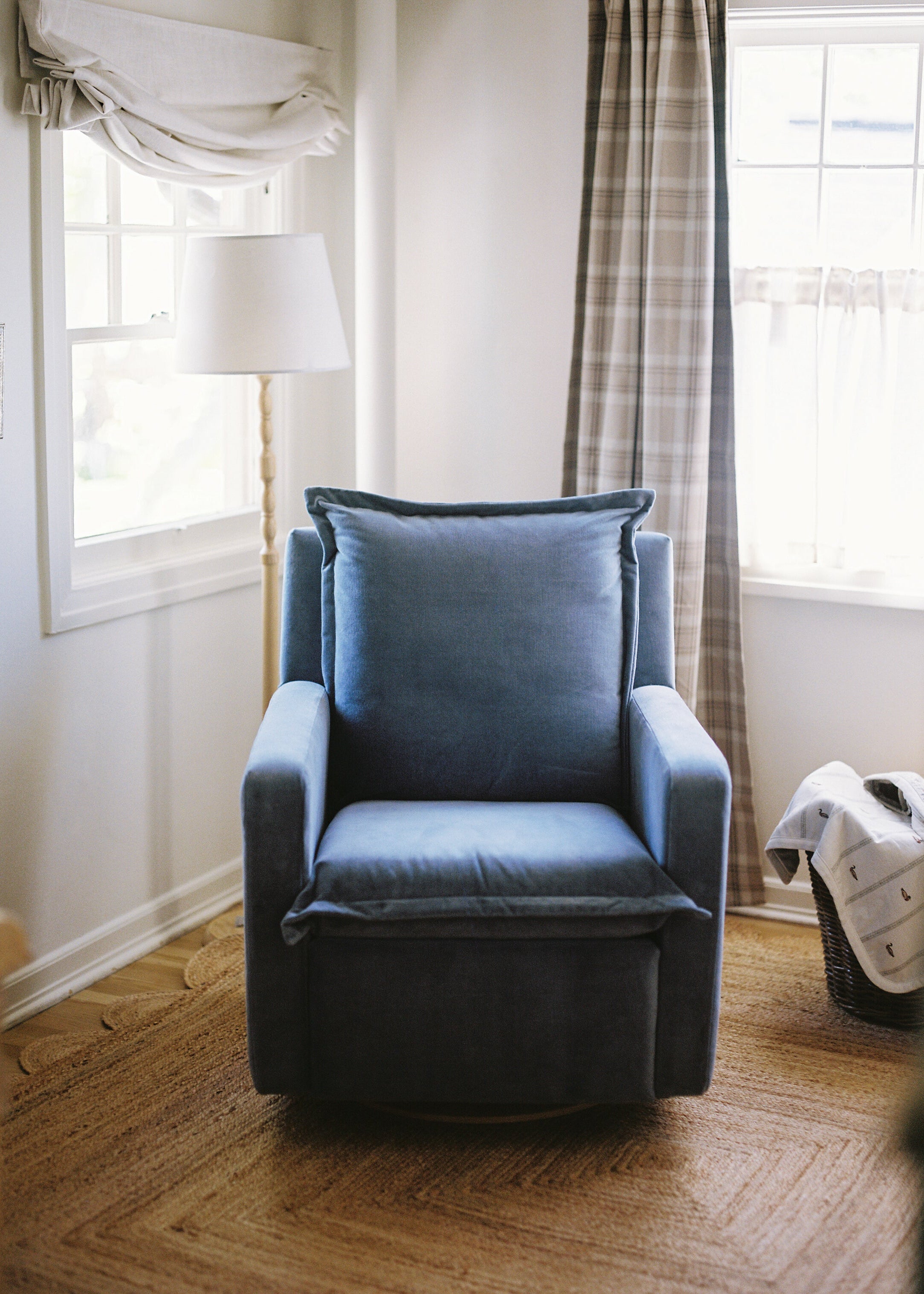 *AS IS – Flynn – Gliding Swivel Nursery Recliner - Velvet Slate - Motorized Recline - Wooden Base