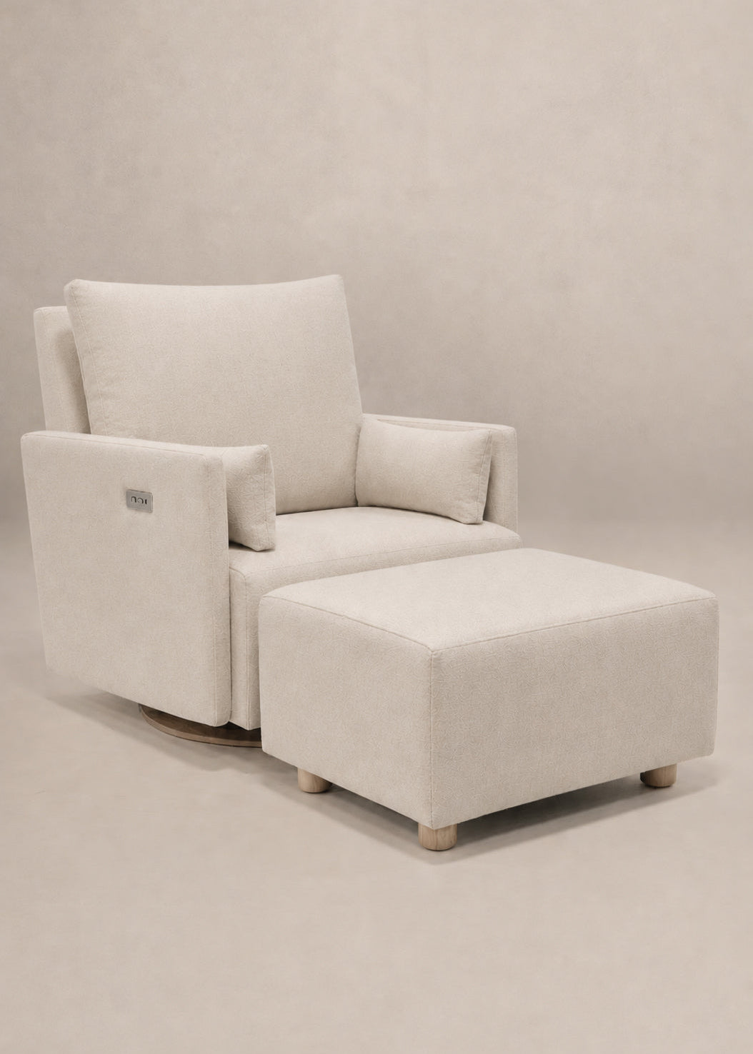 *AS IS – Ollie: a Chair and a Half - Swivel Nursery Glider with Back Recline Feature - High Performance Basket Sand - Motorized Recline - Wooden Base - w/Matching Ottoman