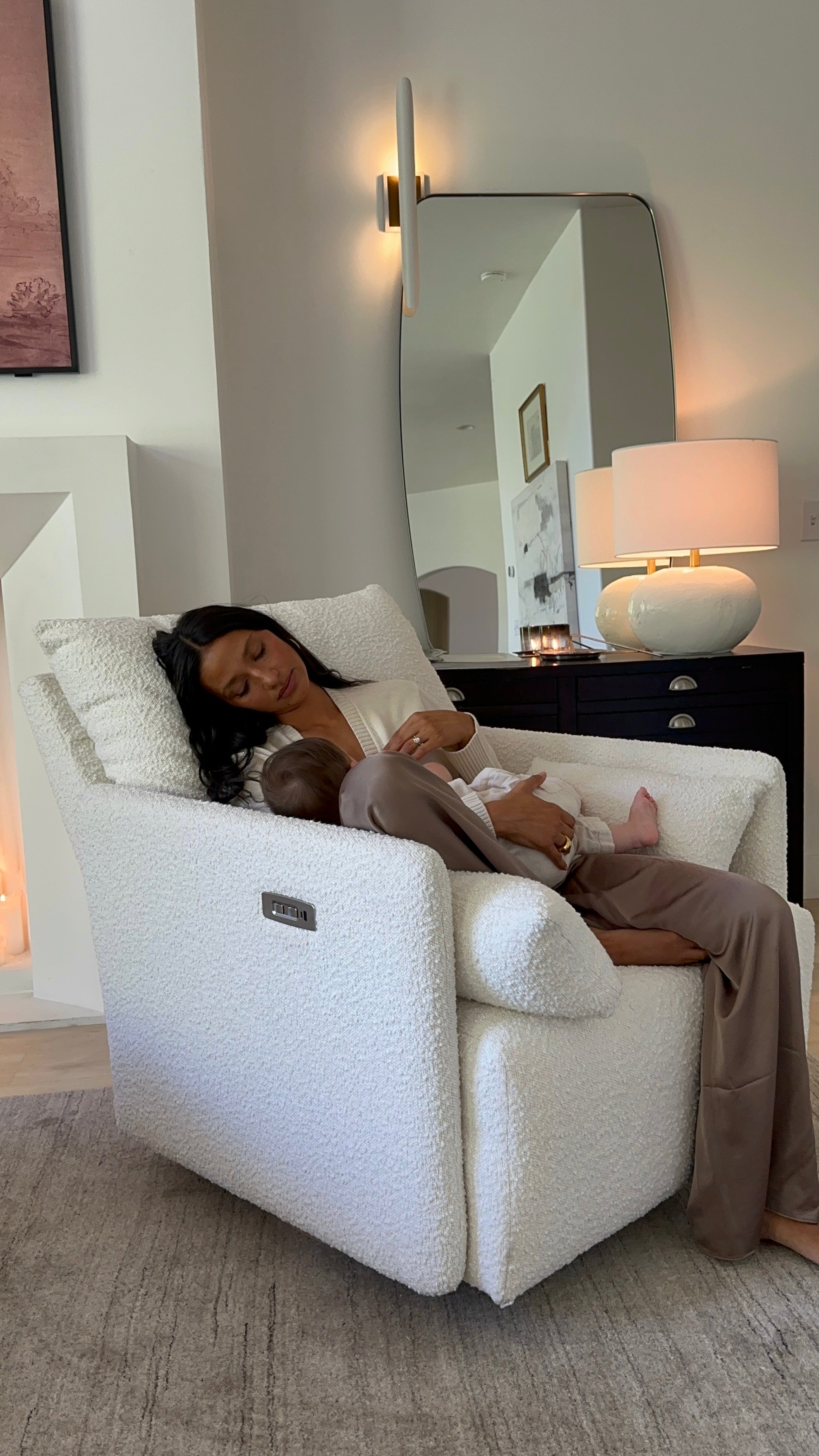Ollie: a Chair and a Half - Swivel Nursery Glider with Back Recline Feature - High Performance Bouclé Oyster