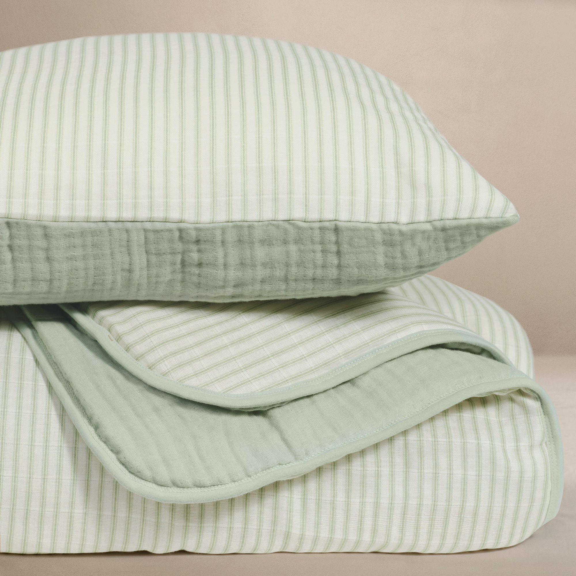 &#39;Sea Moss&#39; Sage Green Stripe - Premium Muslin Crib Quilt &amp; Sham Set