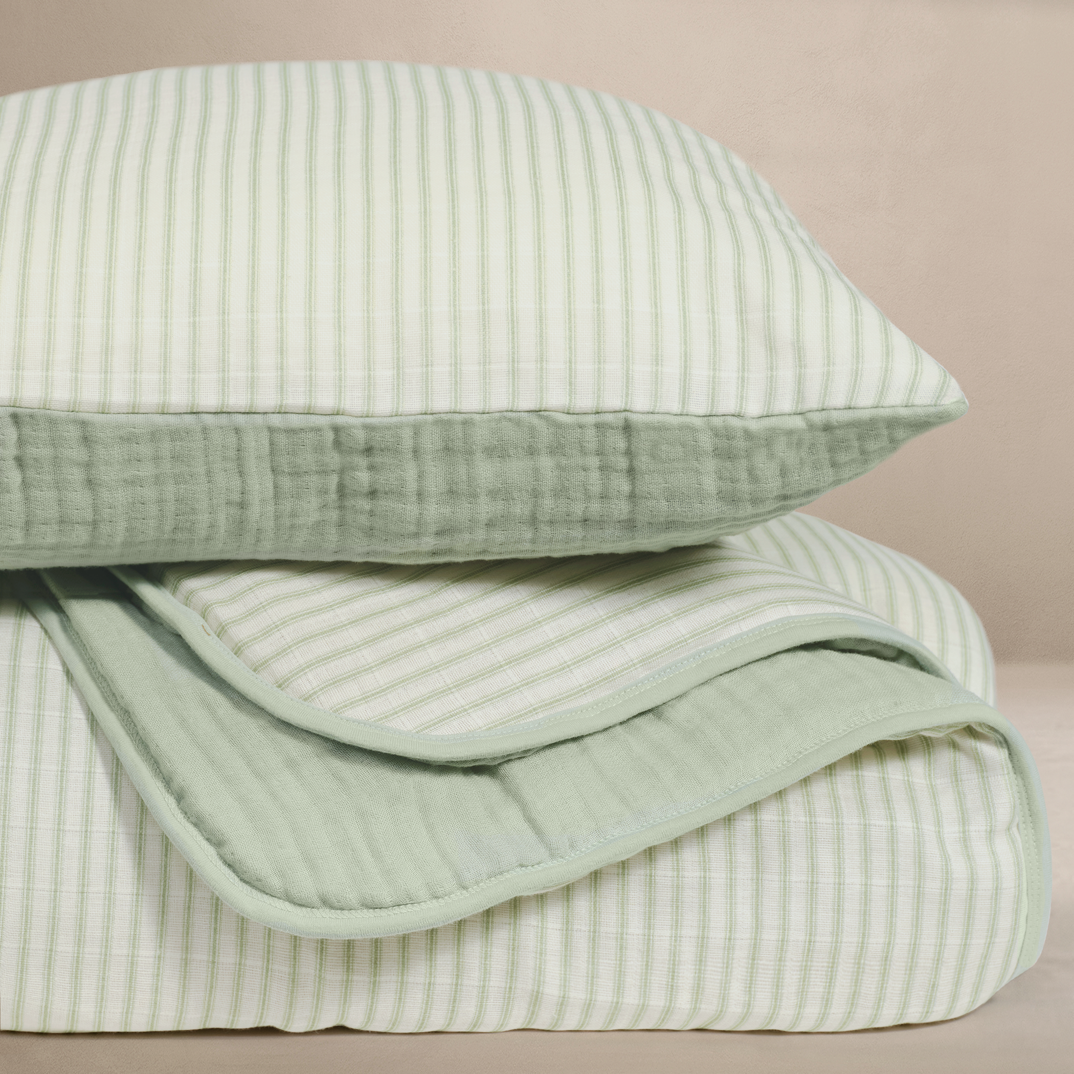 'Sea Moss' Sage Green Stripe - Premium Muslin Crib Quilt & Sham