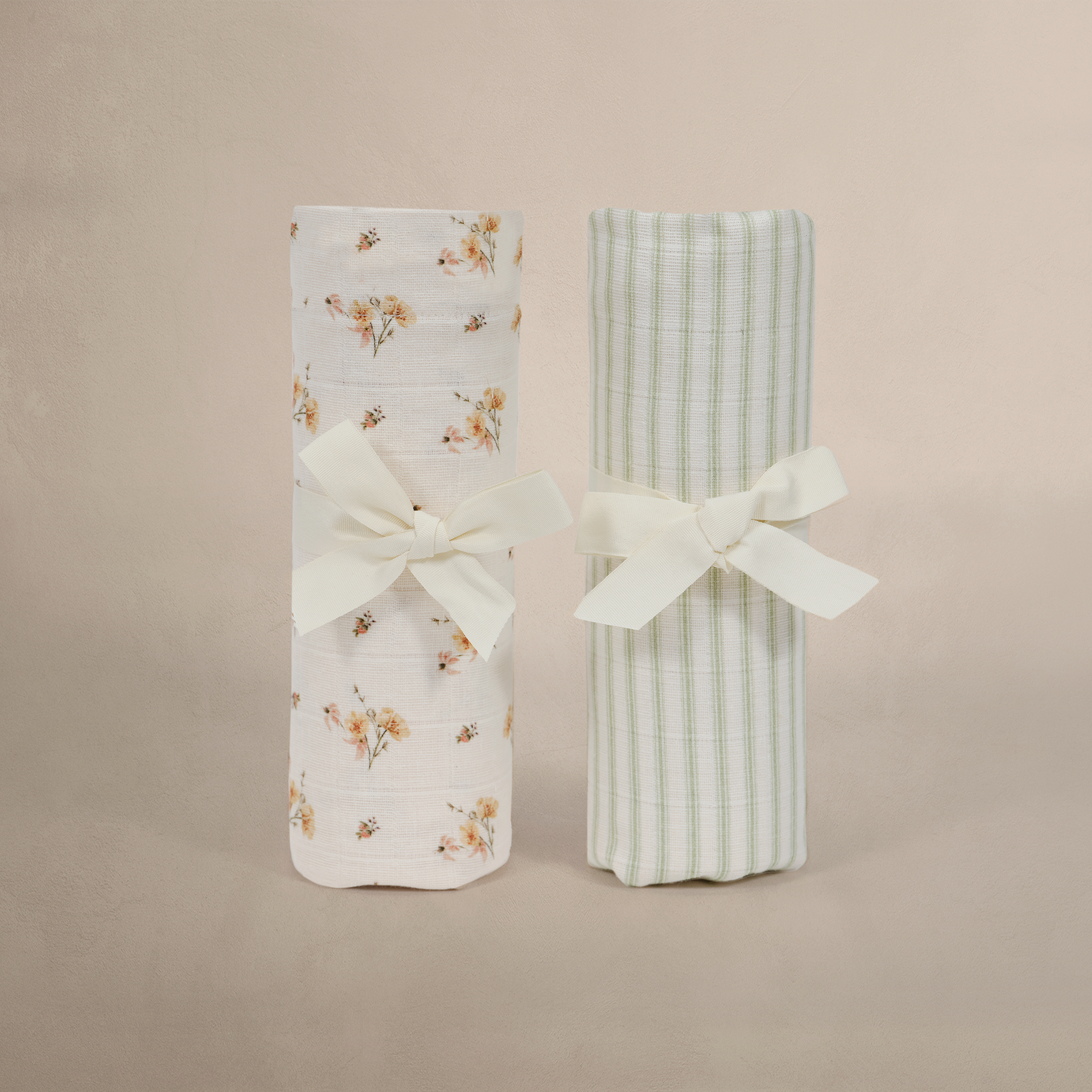 'Dainty Floral' & 'Sea Moss' Sage Green Stripe - Muslin Swaddle Blanket Set