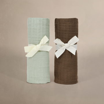 'Bark' Brown & 'Sea Moss' Sage Green - Premium Muslin Swaddle Blanket Set