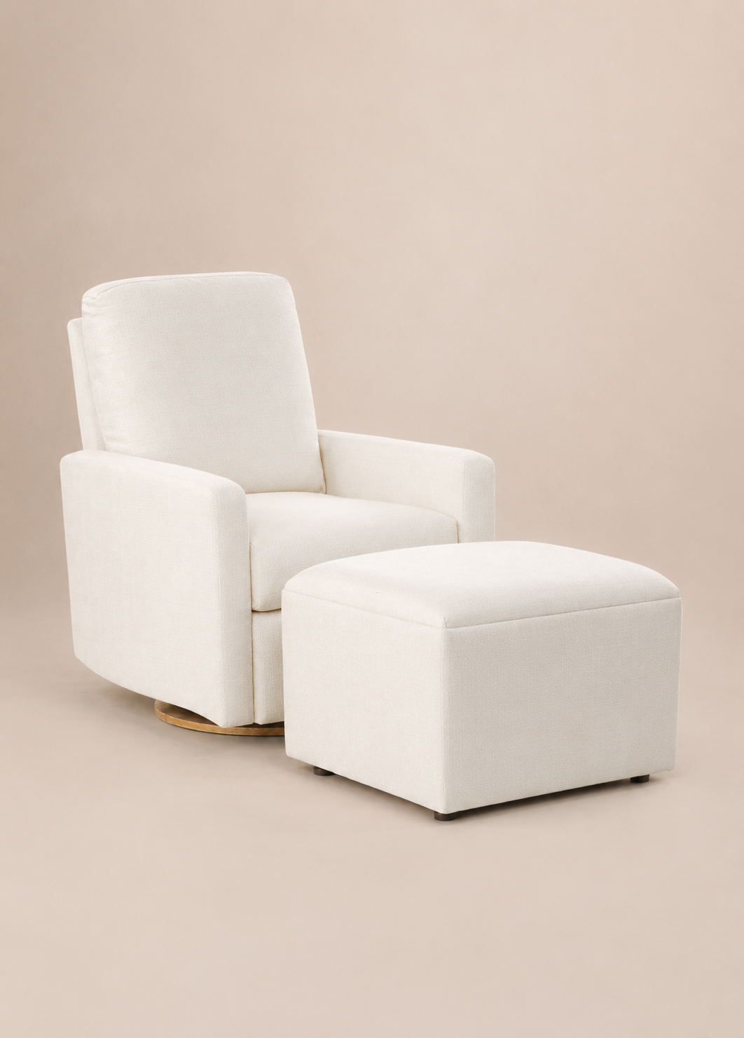*AS IS – Drew – Gliding Swivel Nursery Recliner - High Performance Ivory - Motorized Recline - Wooden Base - w/Matching Ottoman