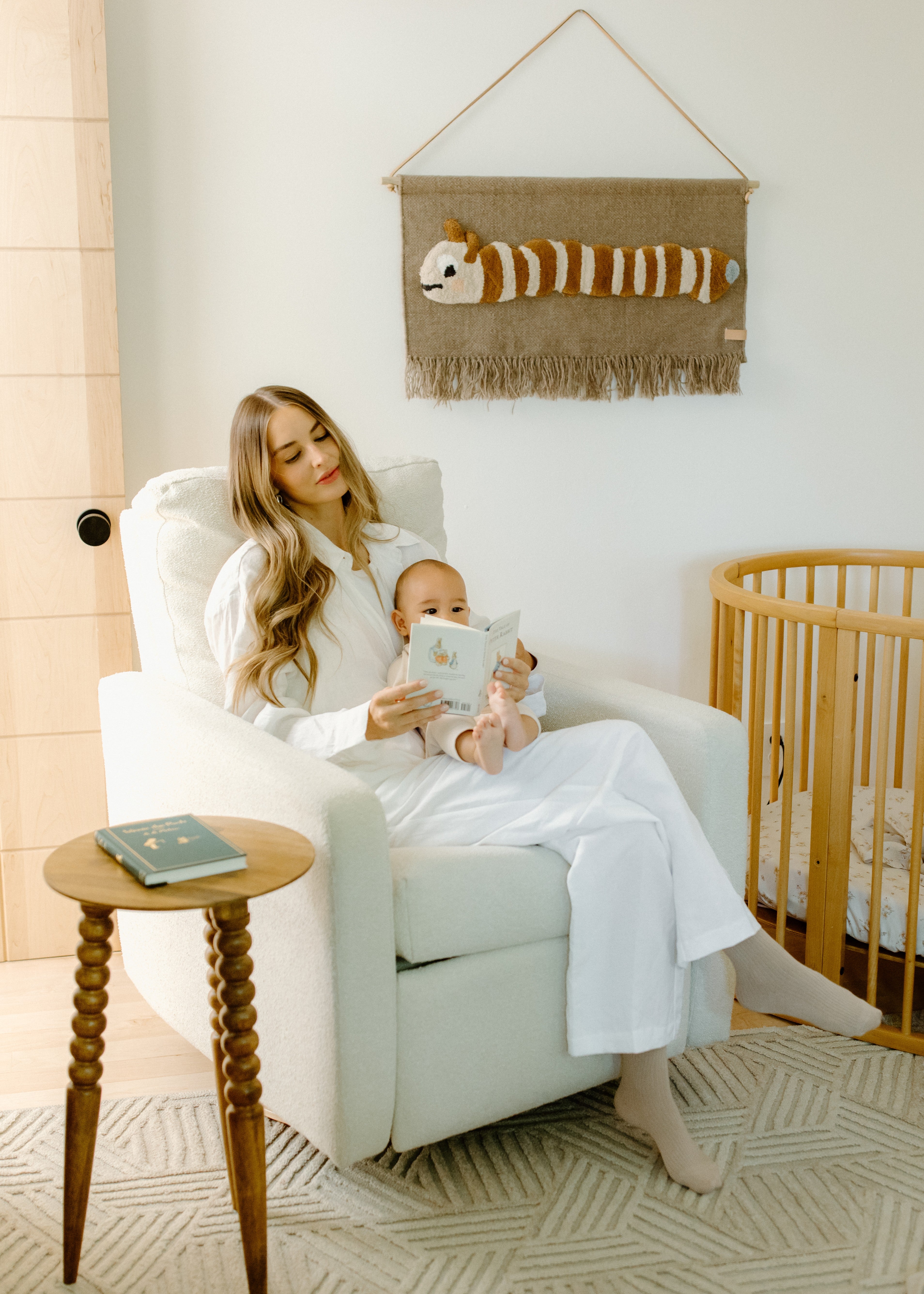 *AS IS – Drew – Gliding Swivel Nursery Recliner - High Performance Bouclé Oyster - Motorized Recline - Wooden Base